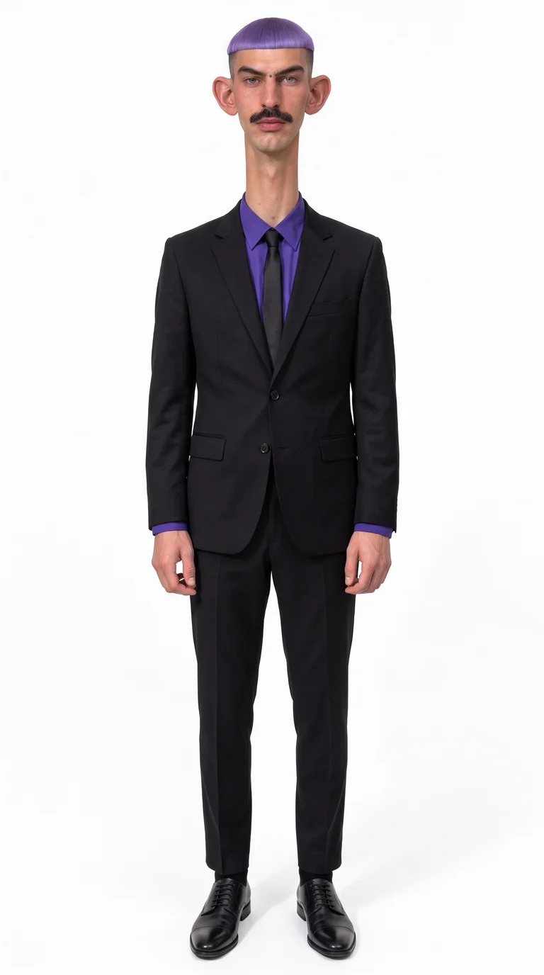 C, an AI character: purple bowl haircut, black moustache, black suit, violet shirt, black tie